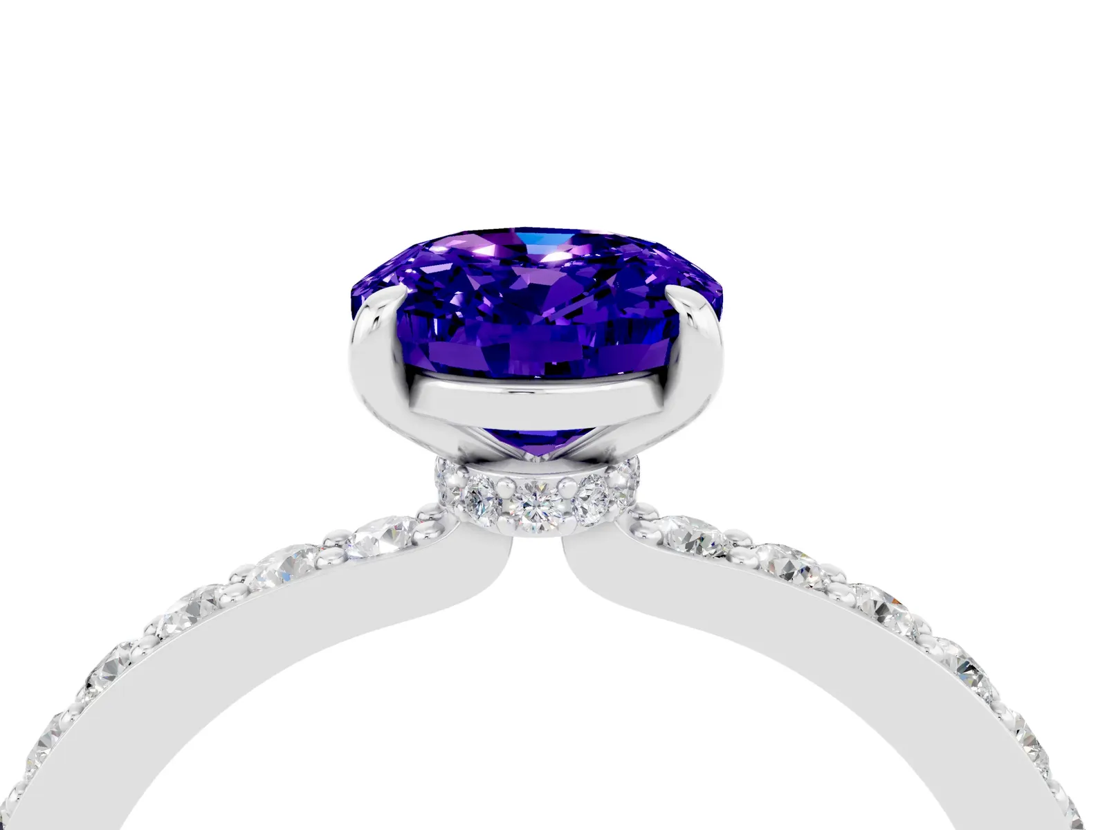Oval Cut Tanzanite Solitaire Engagement Ring with Pavé Band and Four-Prong Setting Platinum