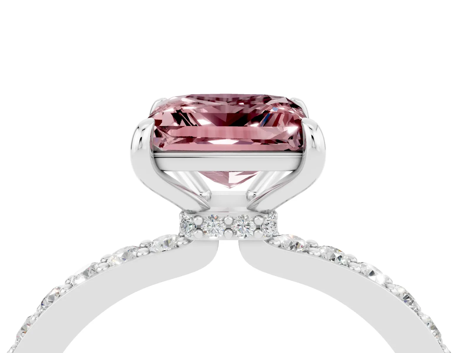 Princess Cut Morganite Solitaire Engagement Ring with Pavé Band and Four-Prong Setting Platinum