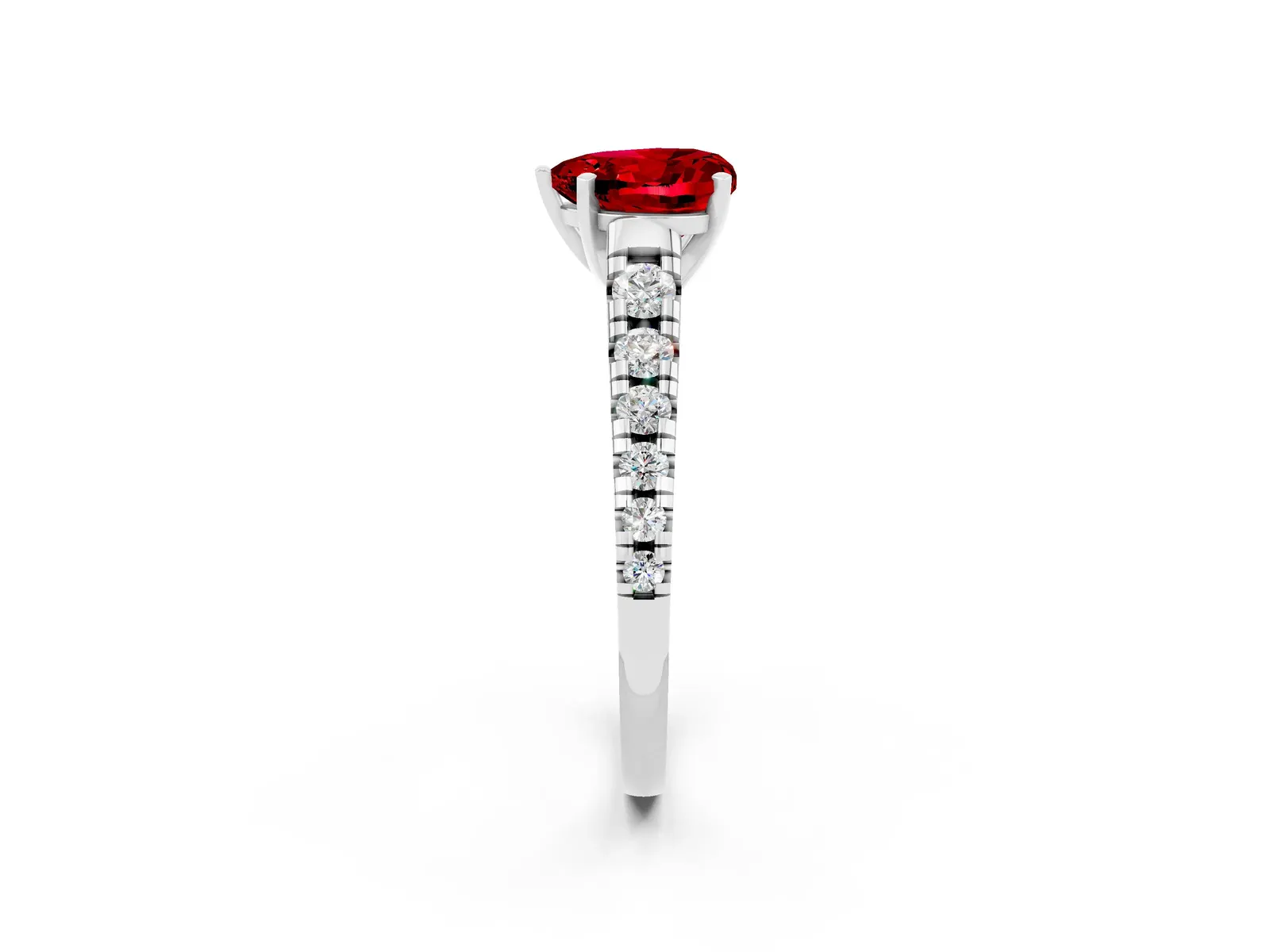 Heart Cut Ruby Cathedral Solitaire Ring with Round Pavé Band Platinum