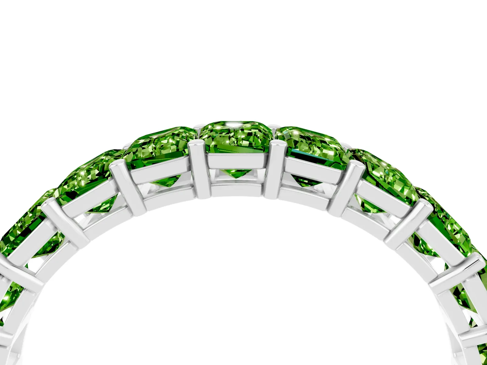 Emerald Cut Peridot Eternity Band with Shared Prong Setting Platinum