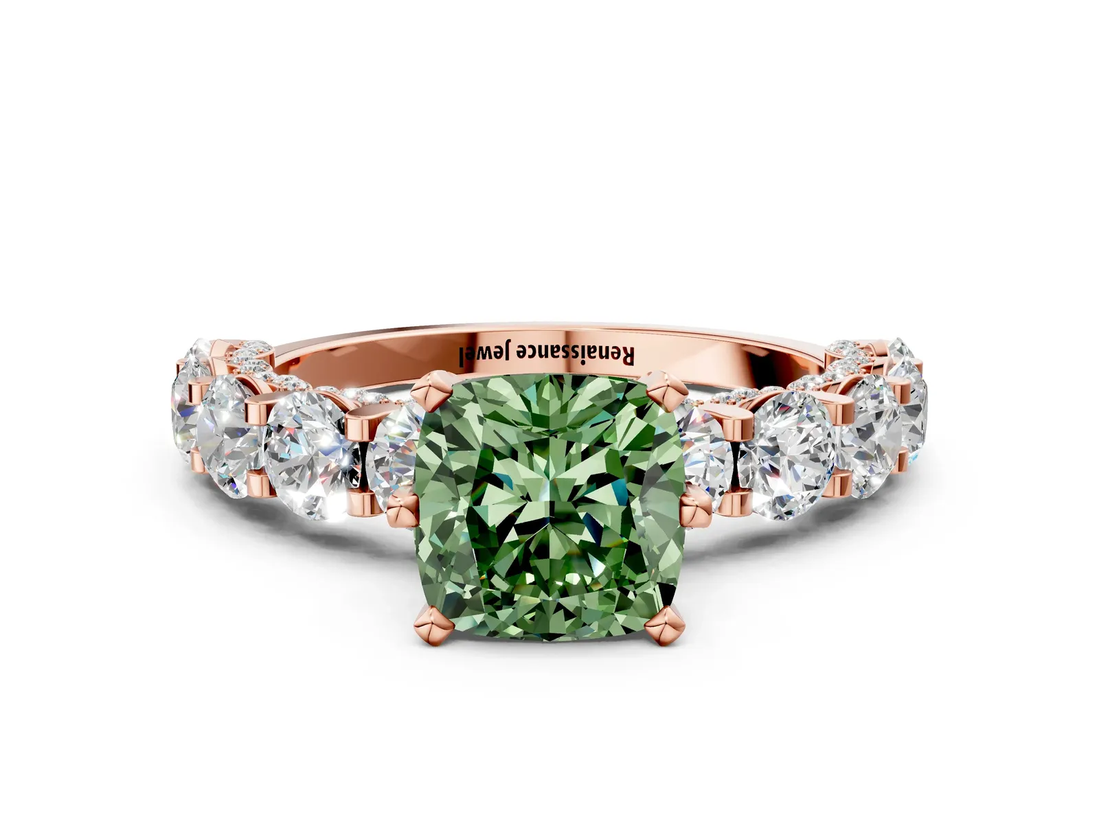 Fancy Green Cushion Cut Diamond Side Stone Engagement Ring with Four-Prong Setting Rose gold