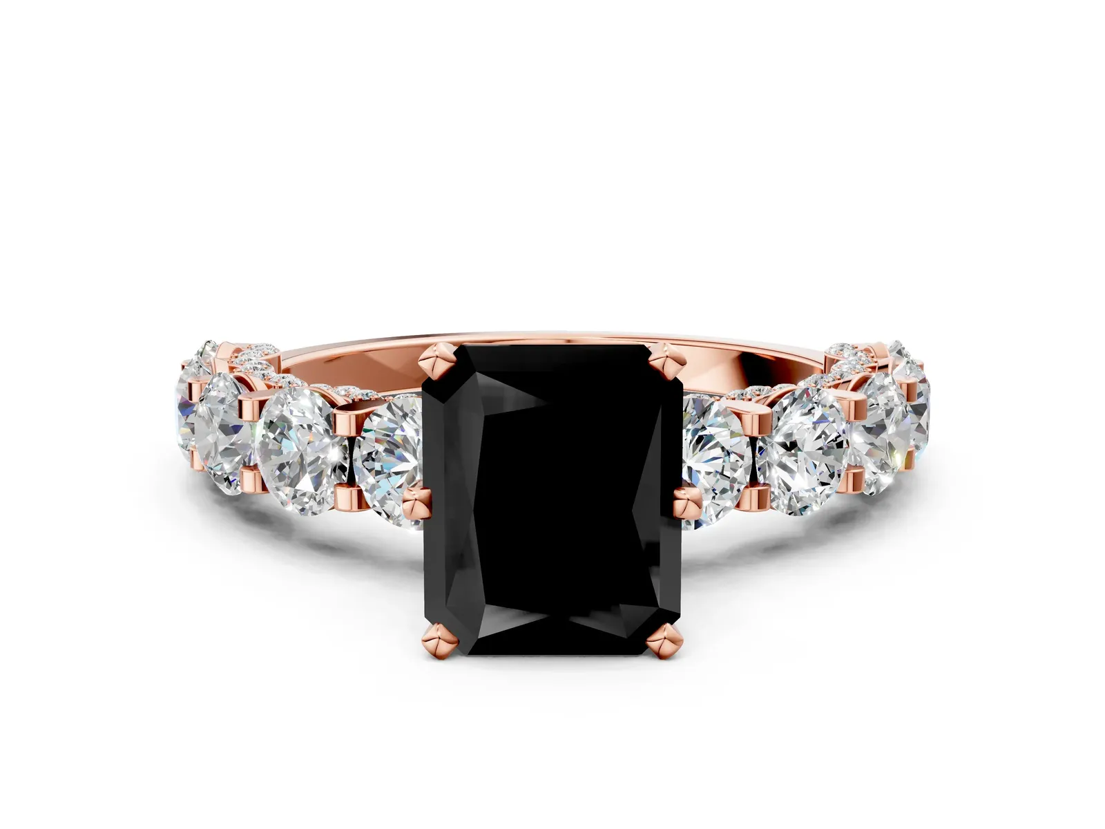 Fancy Black Radiant Cut Diamond Side Stone Engagement Ring with Four-Prong Setting Rose gold