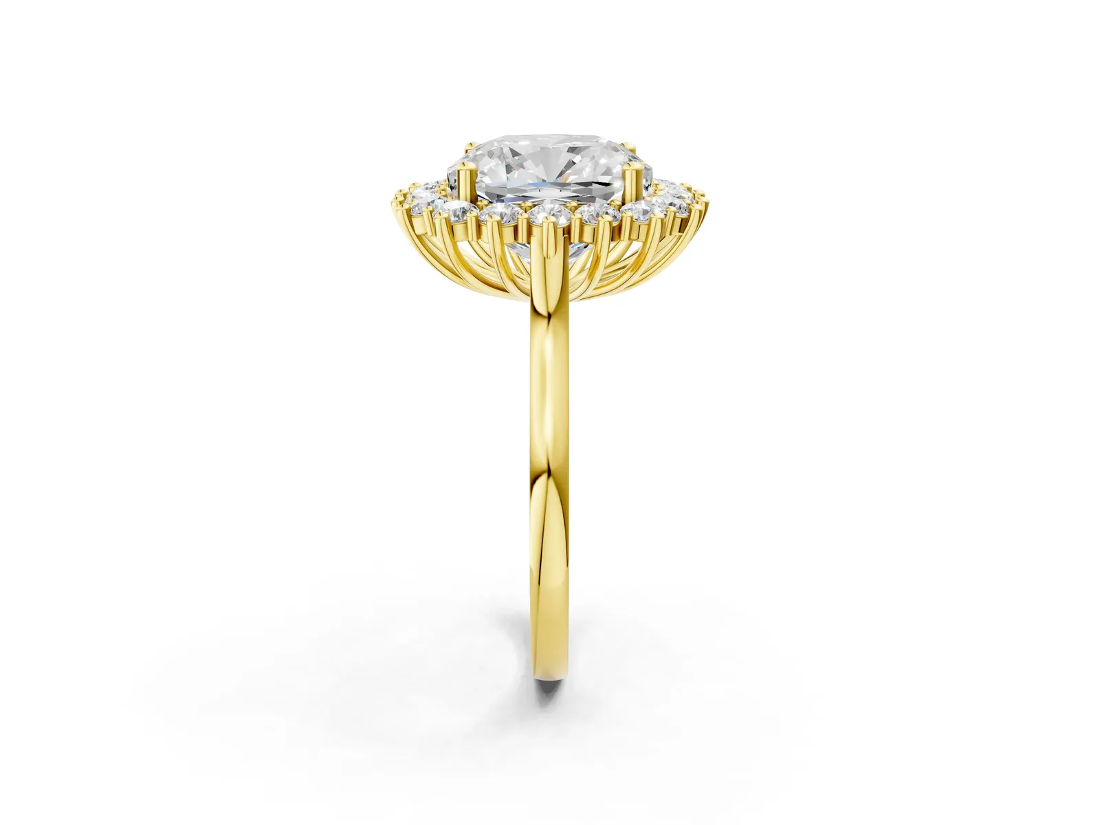 Cushion Diamond Halo Engagement Ring with Round Diamond Accents Yellow gold