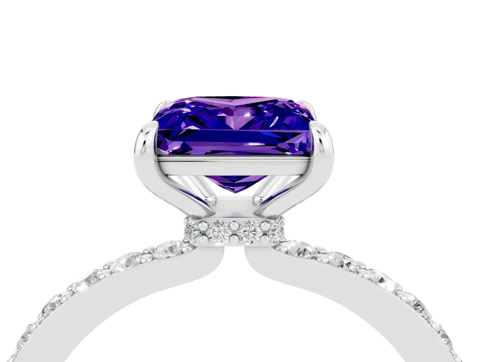 Princess Cut Tanzanite Solitaire Engagement Ring with Pavé Band and Four-Prong Setting Platinum