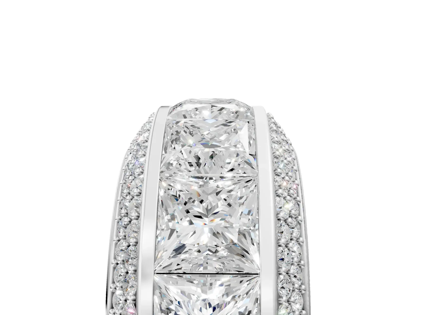 Princess Diamond Pavé Mens Wedding Band with Round Diamond Accents White gold