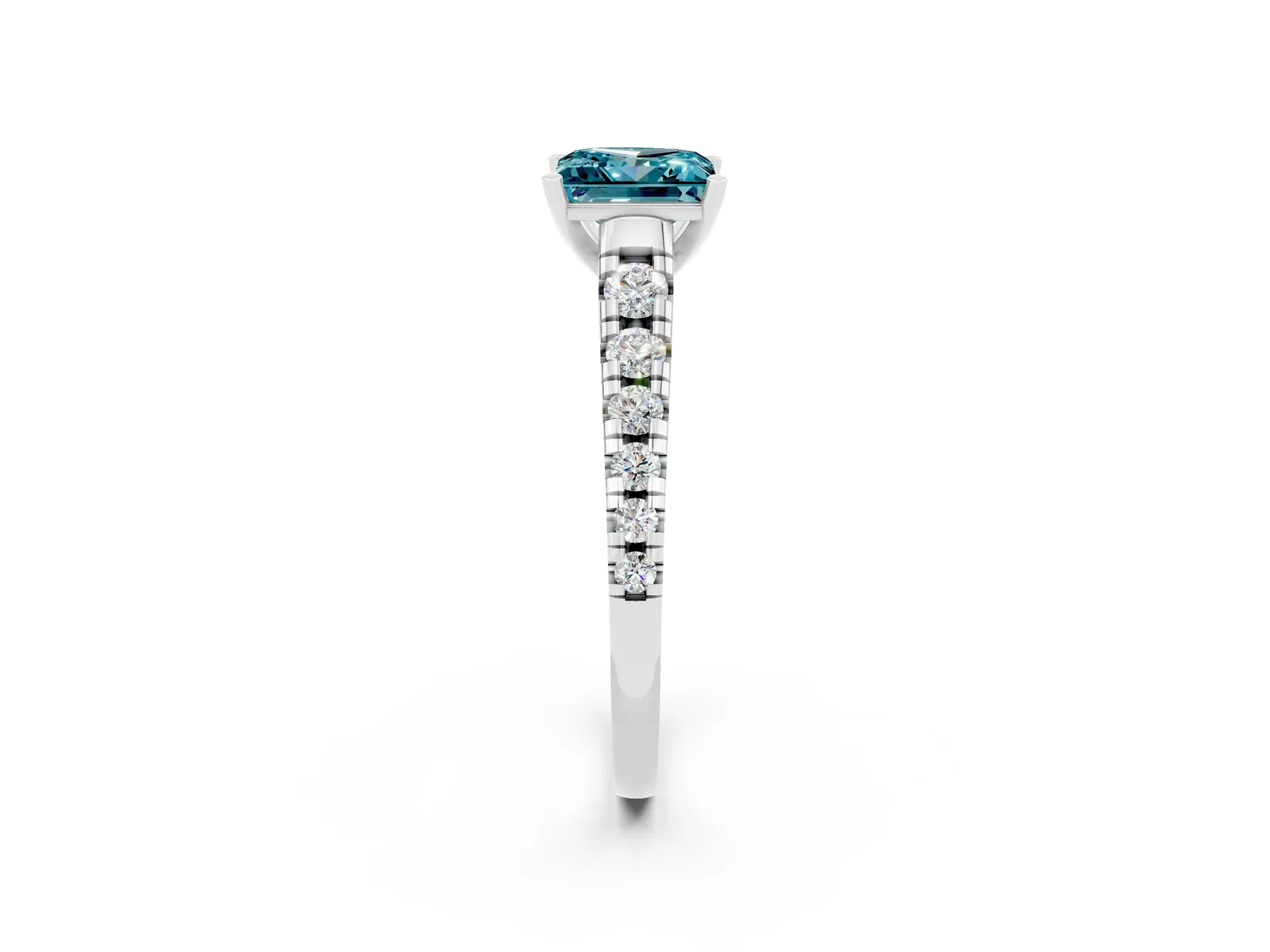 Princess Cut Blue Topaz Cathedral Solitaire Ring with Round Pavé Band Platinum