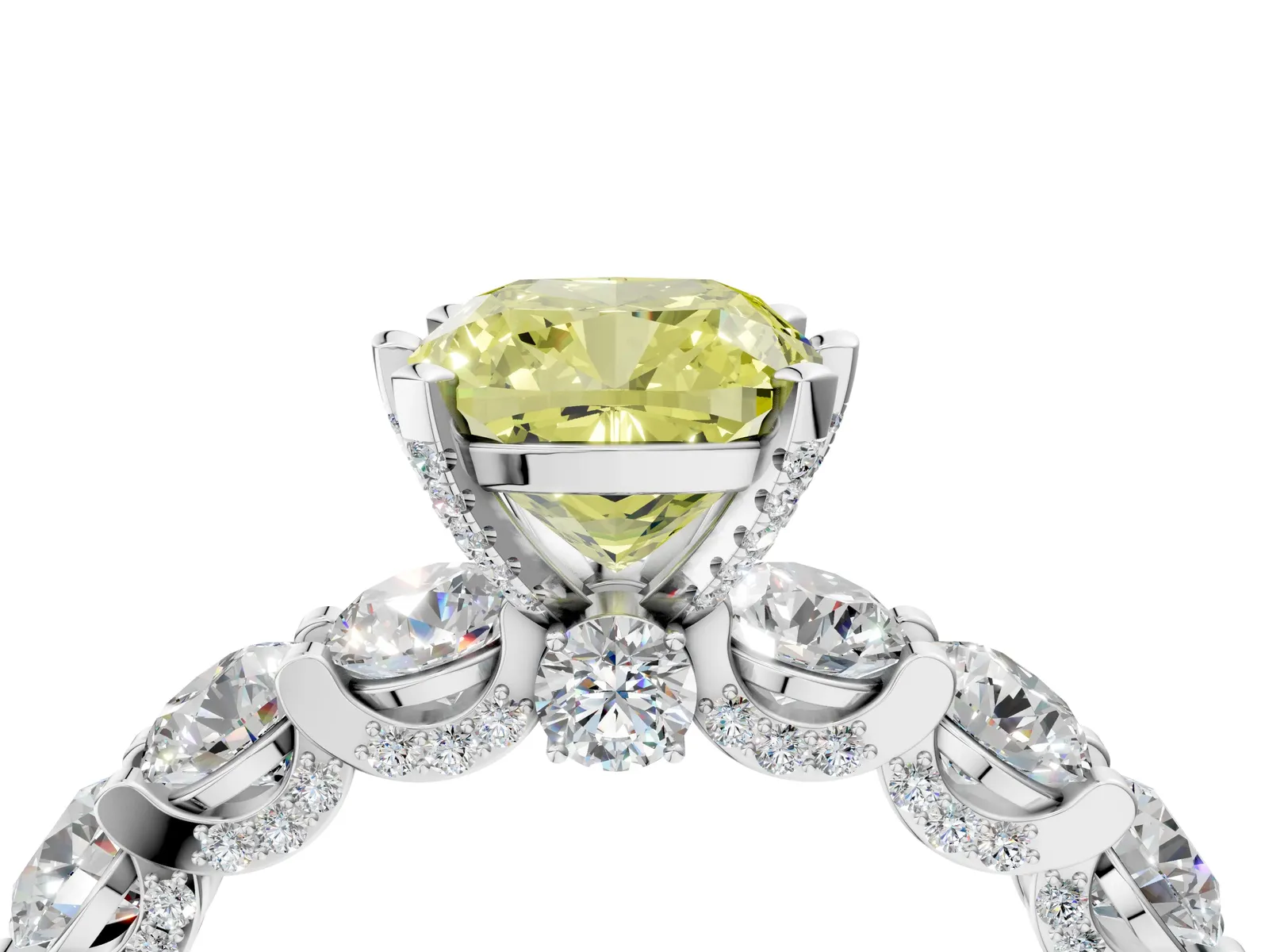 Fancy Yellow Cushion Cut Diamond Side Stone Engagement Ring with Four-Prong Setting Platinum