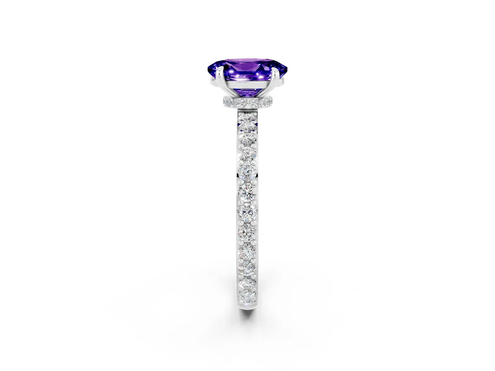 Oval Cut Tanzanite Solitaire Engagement Ring with Pavé Band and Four-Prong Setting Platinum