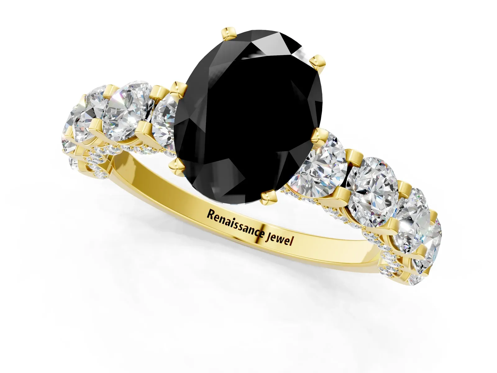 Fancy Black Oval Cut Diamond Side Stone Engagement Ring with Four-Prong Setting Yellow gold