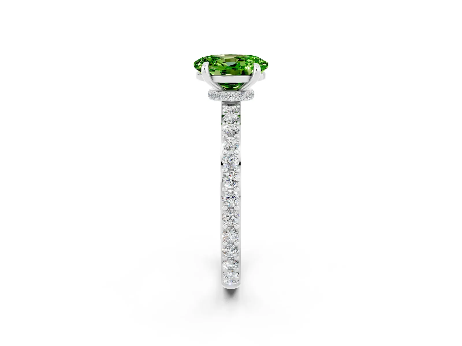 Oval Cut Peridot Solitaire Engagement Ring with Pavé Band and Four-Prong Setting Platinum