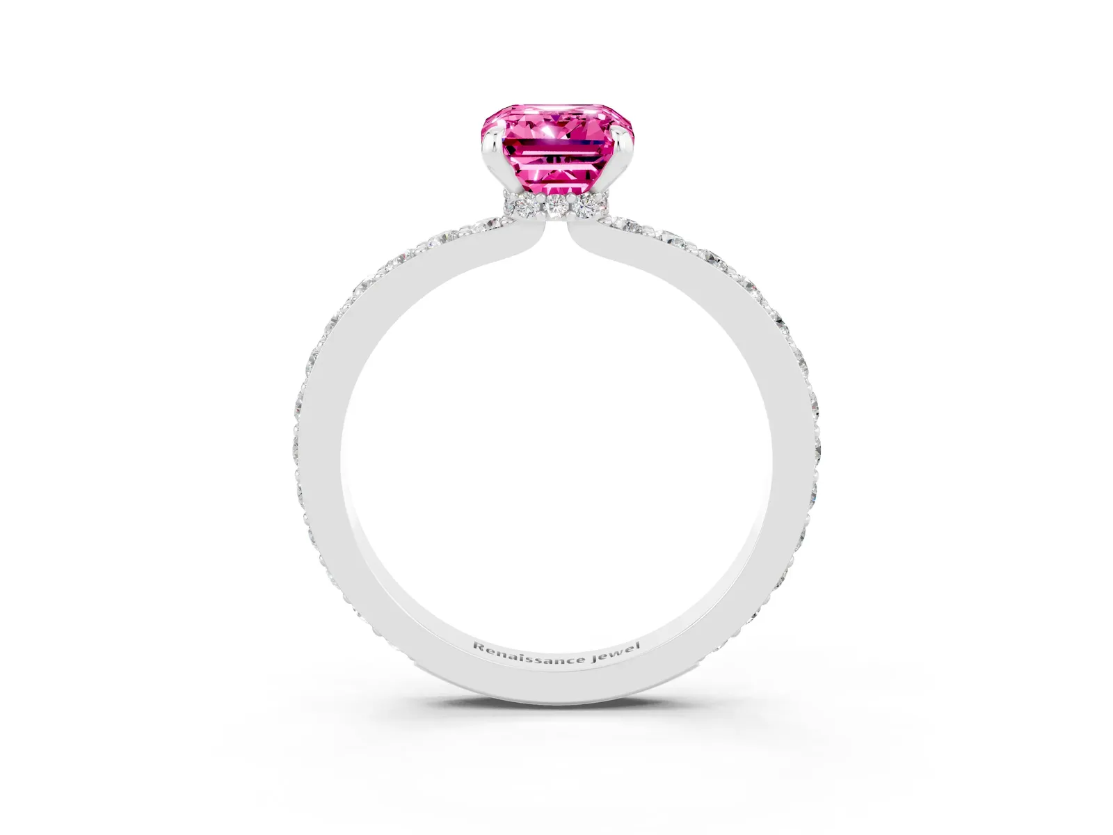 Emerald Cut Pink Sapphire Solitaire Engagement Ring with Pavé Band and Four-Prong Setting Platinum