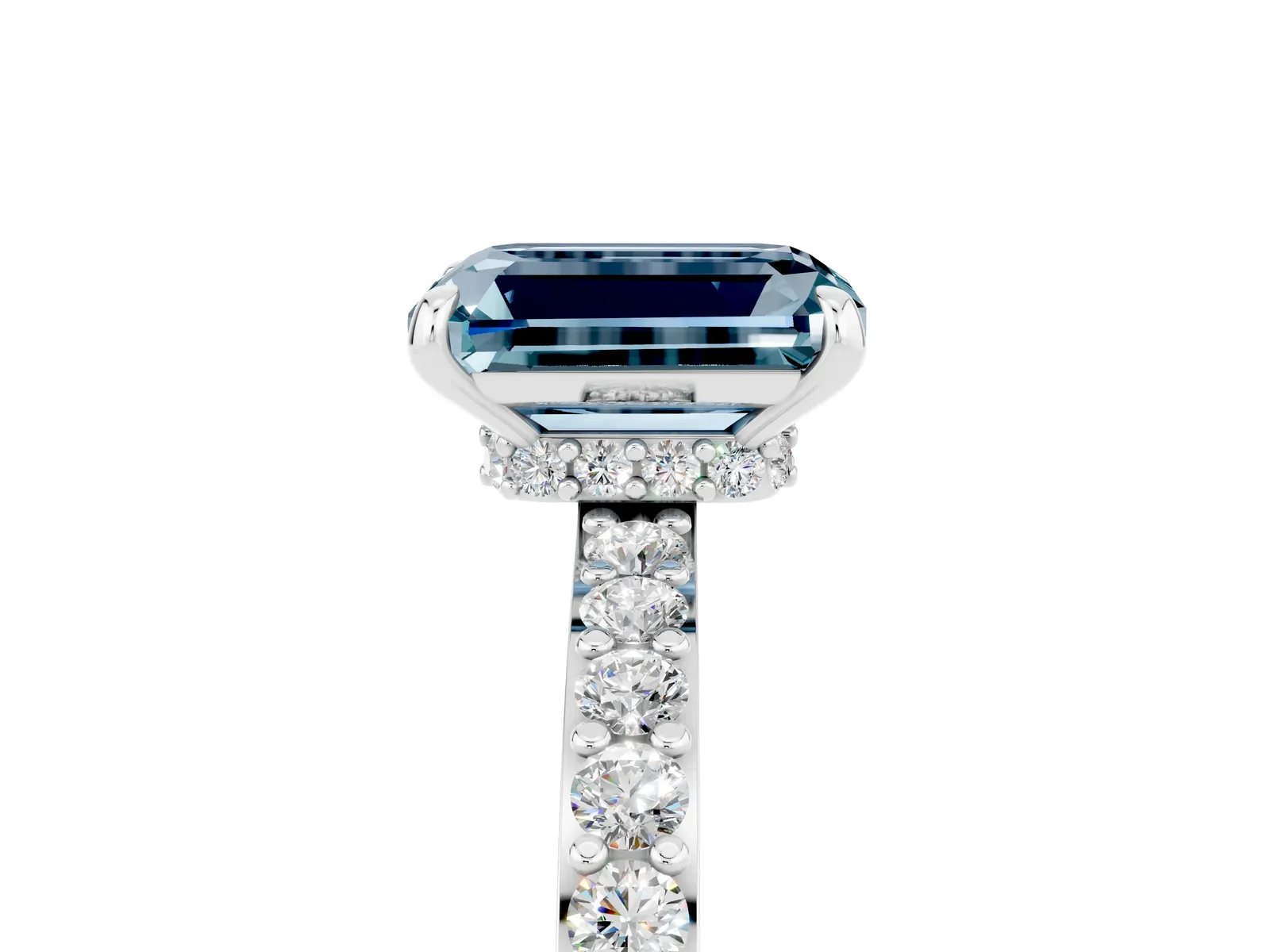 Emerald Cut Aquamarine Solitaire Engagement Ring with Pavé Band and Four-Prong Setting Platinum