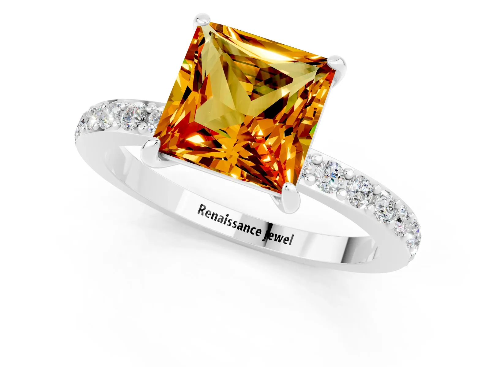 Princess Cut Citrine Solitaire Engagement Ring with Pavé Band and Four-Prong Setting Platinum