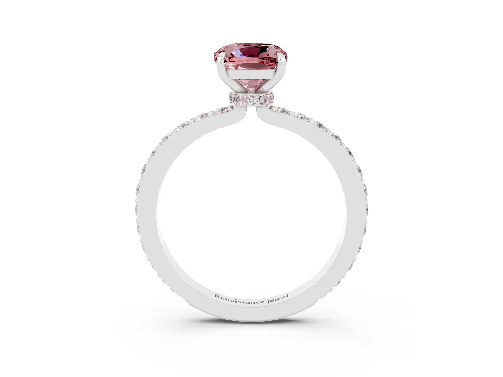 Cushion Cut Morganite Solitaire Engagement Ring with Pavé Band and Four-Prong Setting Platinum