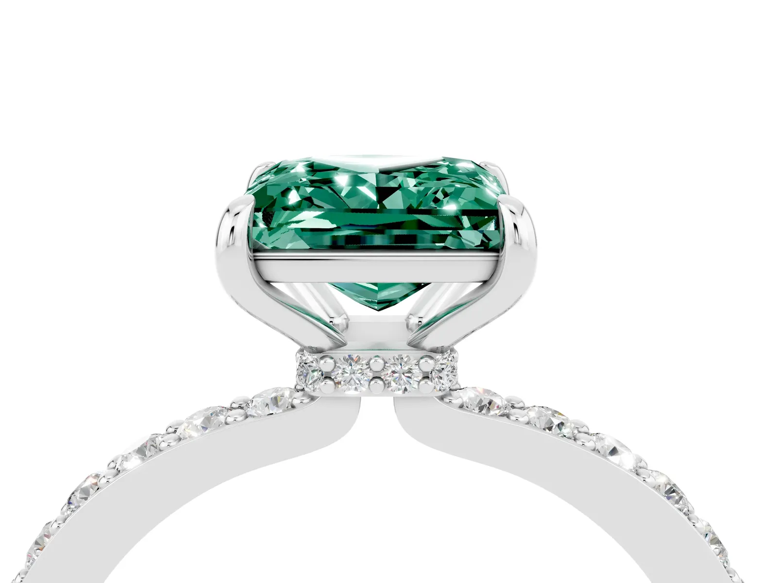 Princess Cut Green Sapphire Solitaire Engagement Ring with Pavé Band and Four-Prong Setting Platinum