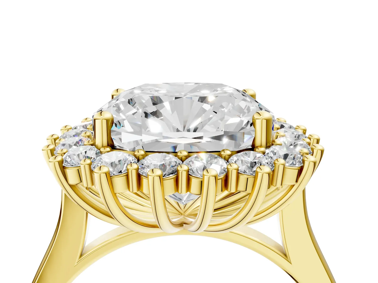Cushion Diamond Halo Engagement Ring with Round Diamond Accents Yellow gold