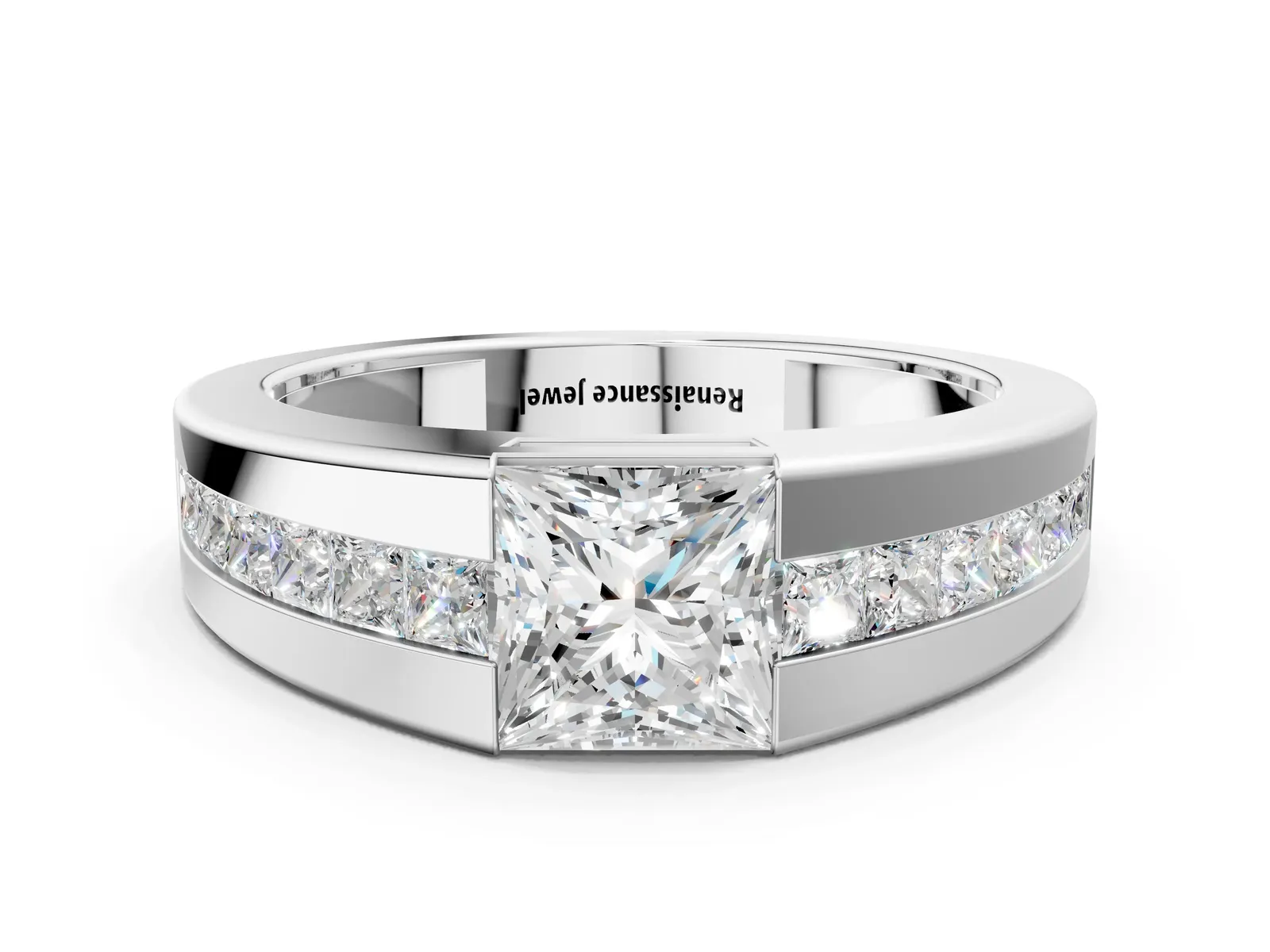 Princess Diamond Channel Set Mens Ring Silver