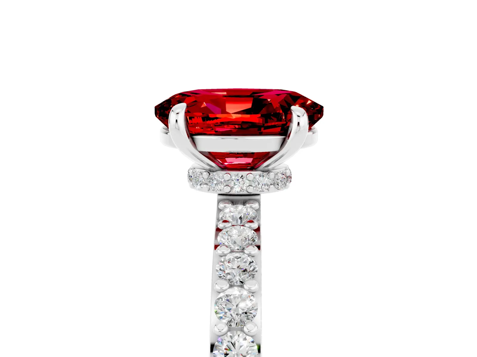 Oval Cut Ruby Solitaire Engagement Ring with Pavé Band and Four-Prong Setting Platinum