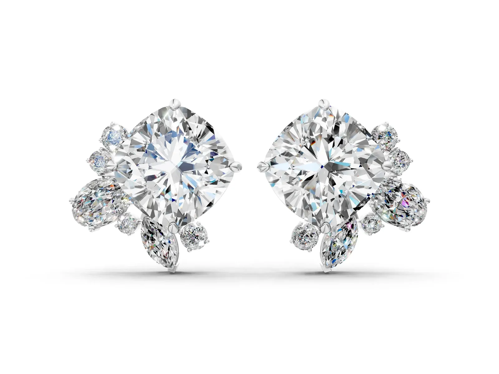 Cushion Cut Diamond Floral Stud Earrings with Multi-Shape Accents Platinum