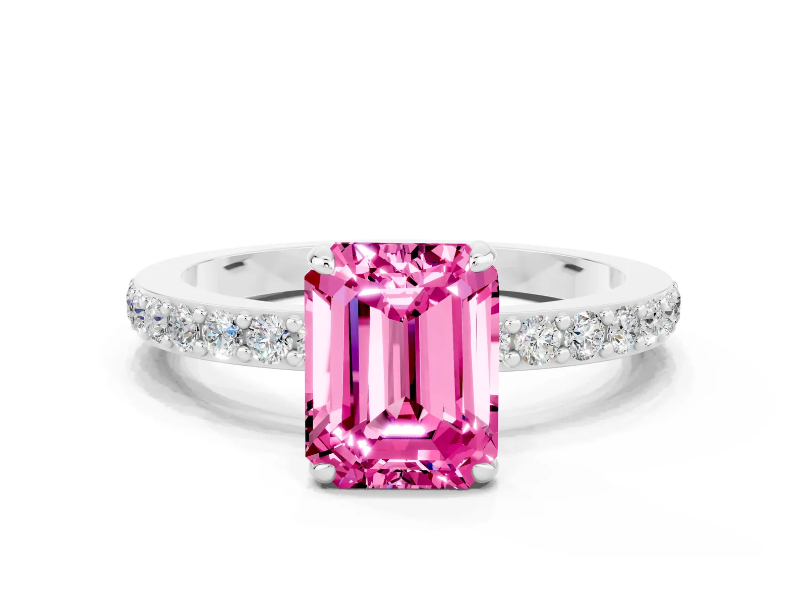Emerald Cut Pink Sapphire Solitaire Engagement Ring with Pavé Band and Four-Prong Setting Platinum